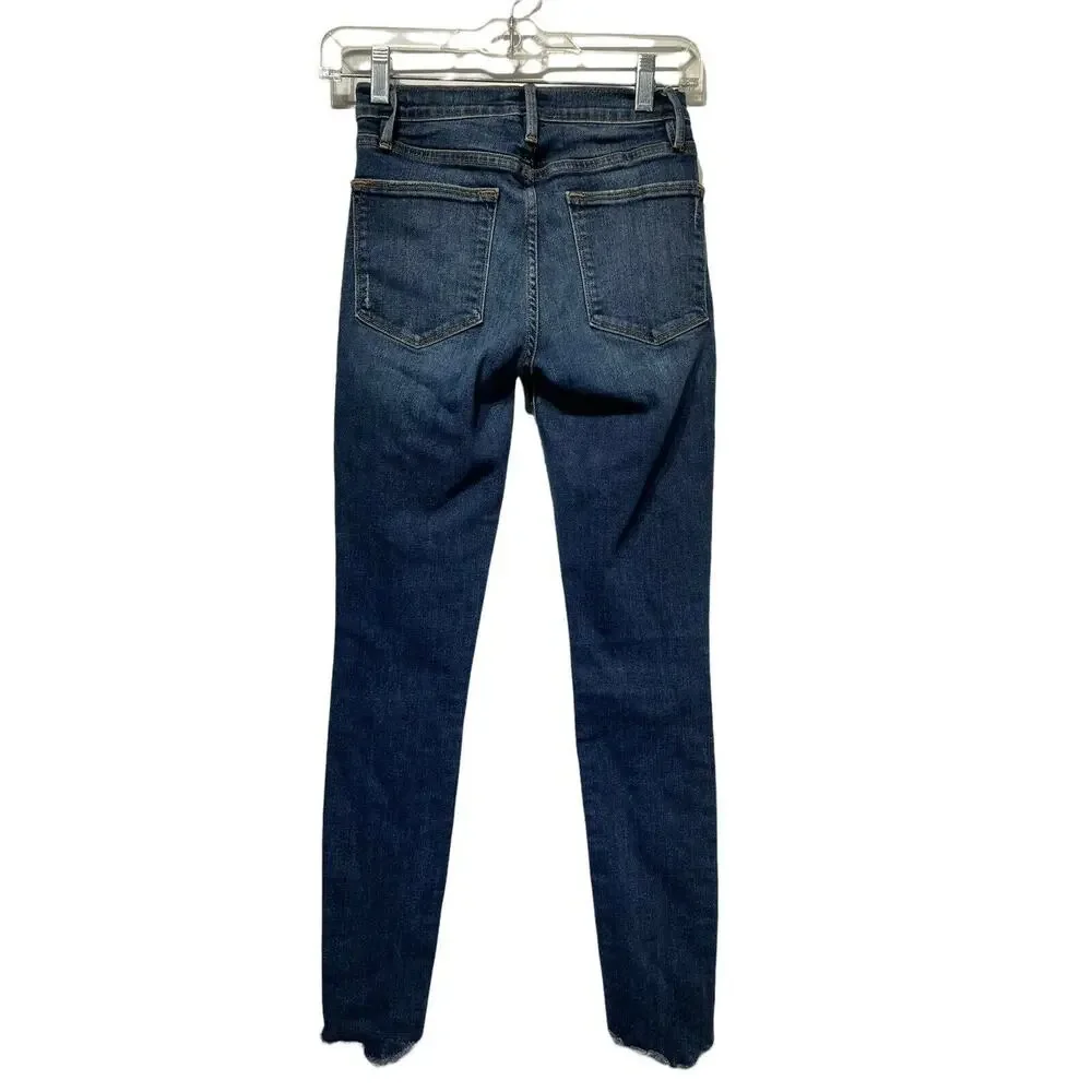 FRAME Denim Le High Skinny Blue Heren Raw Hem Crop Distressed Jeans Size 24 - Picture 2 of 6